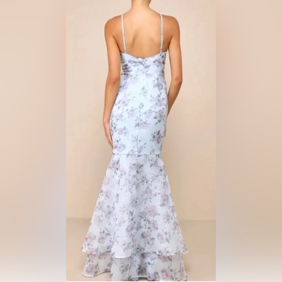 Lulus Floral Organza Maxi Dress Trumpet Tiered Ruffles Blue Purple Dress Small - Picture 2 of 11